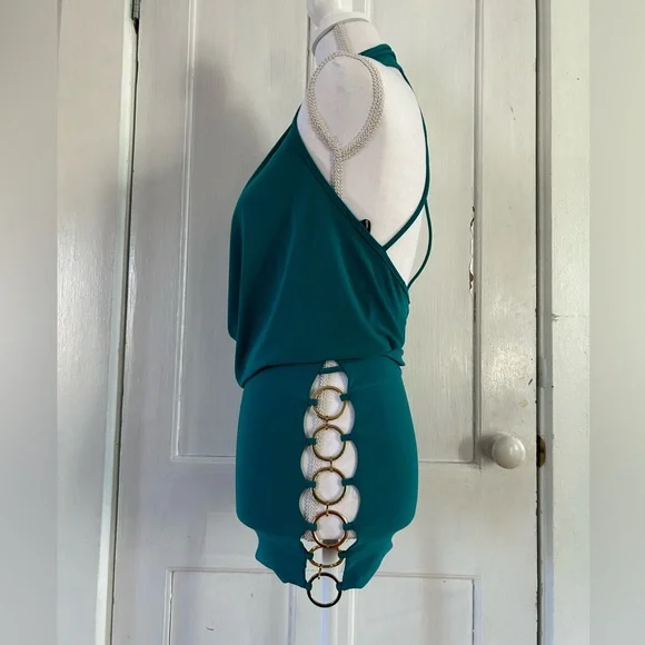 Symphony Turquoise Drape Front Dress with Gold Chain Sides NWOT size Small - Picture 3 of 8